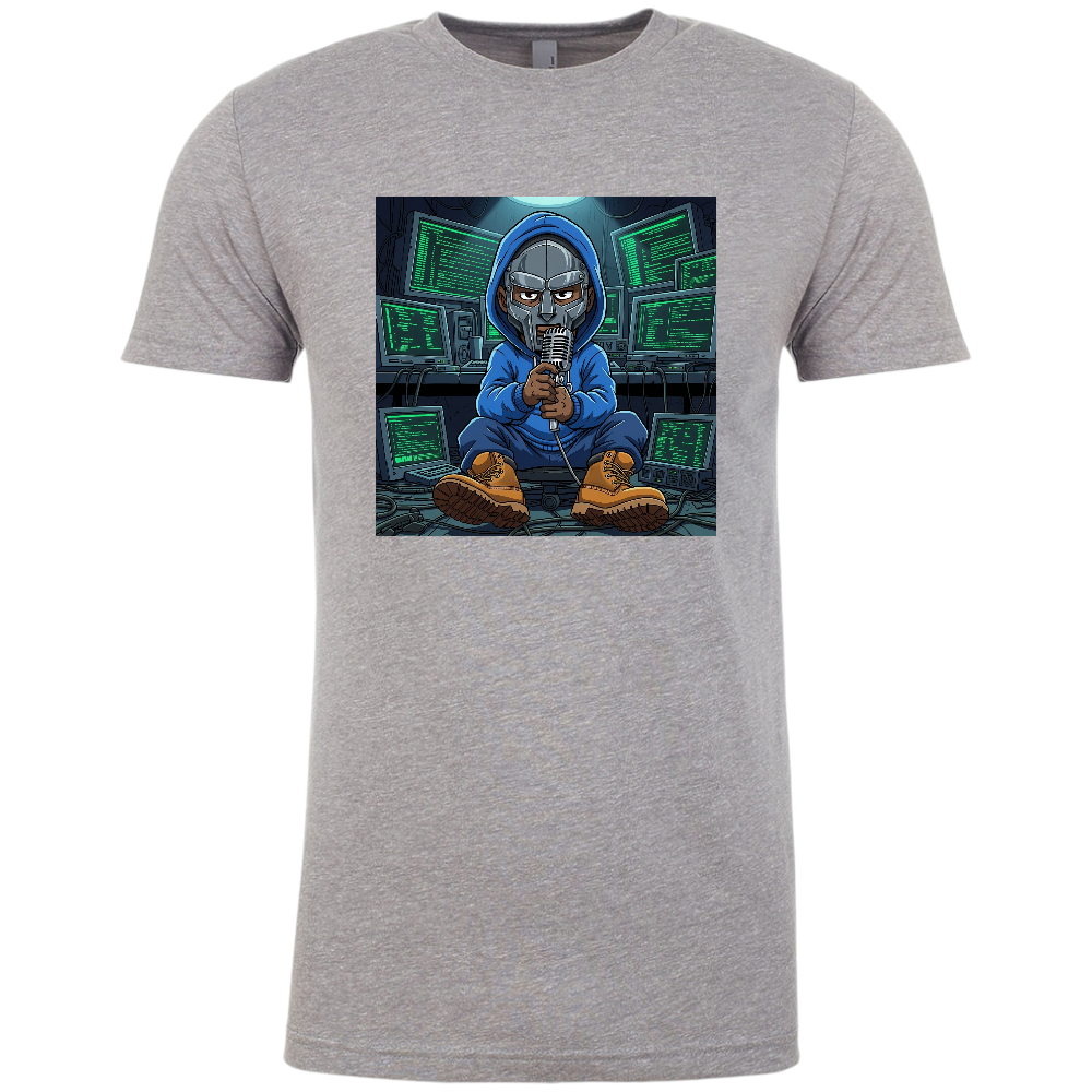 Gray t-shirt with a graphic of a MF Doom in a hoodie holding a microphone in front of computer screens.