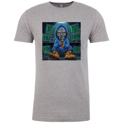 Gray t-shirt with a graphic of a MF Doom in a hoodie holding a microphone in front of computer screens.
